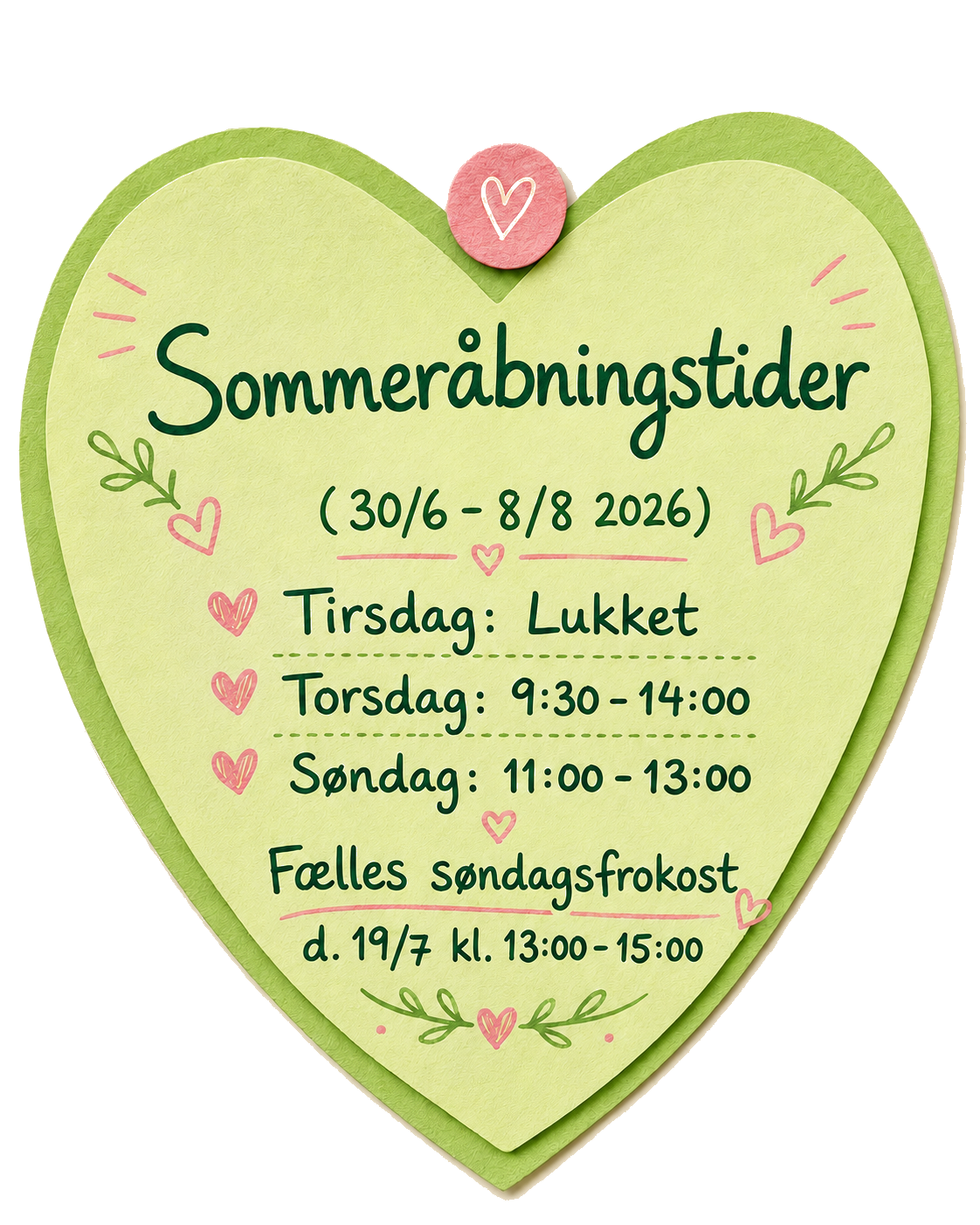 Sommeråbningstider fra 30. juni til 8. august 2026: tirsdag lukket, torsdag 9:30-14:00, søndag 11:00-13:00. Fælles søndagsfrokost 19. juli kl. 13:00-15:00.